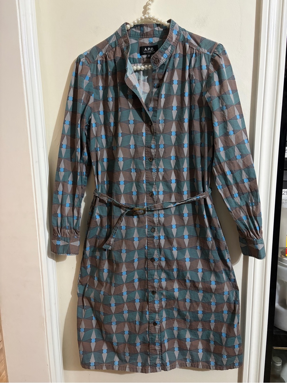 Vintage 2015 A.P.C. Blue & Brown Geometric Long-Sleeve Shirt Dress